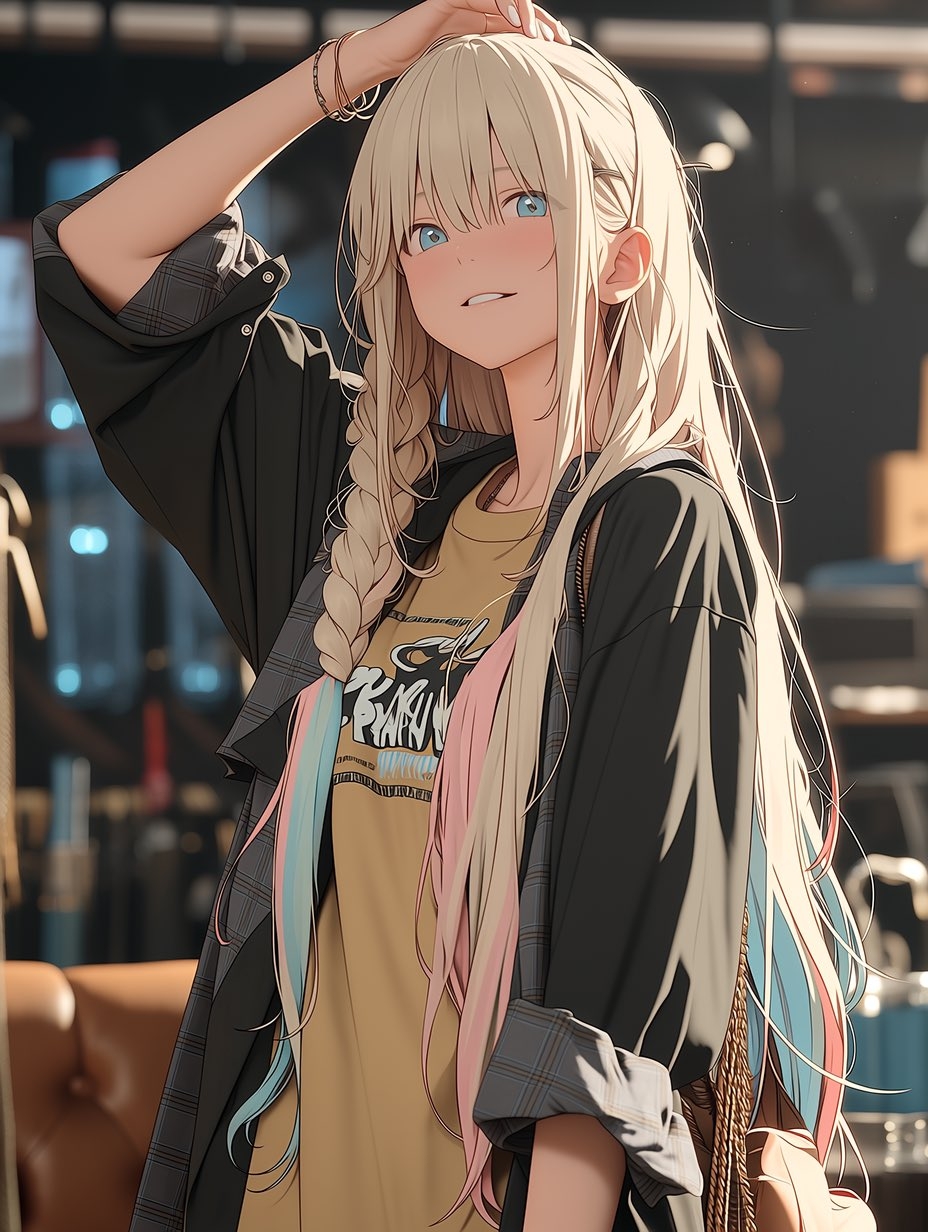 淡い金色の長髪の少女は黒いチェック柄のコートとカーキ色のプリントTシャツを着ています