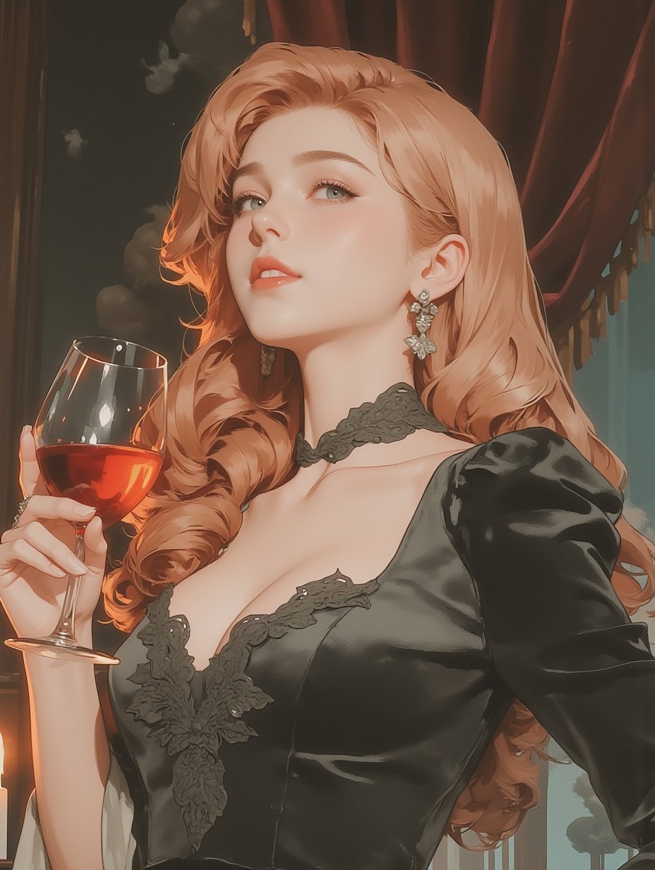 二次元の名門の女性が黒のレースドレスと蝶のイヤリングを身に着け、赤ワインを手に持つ