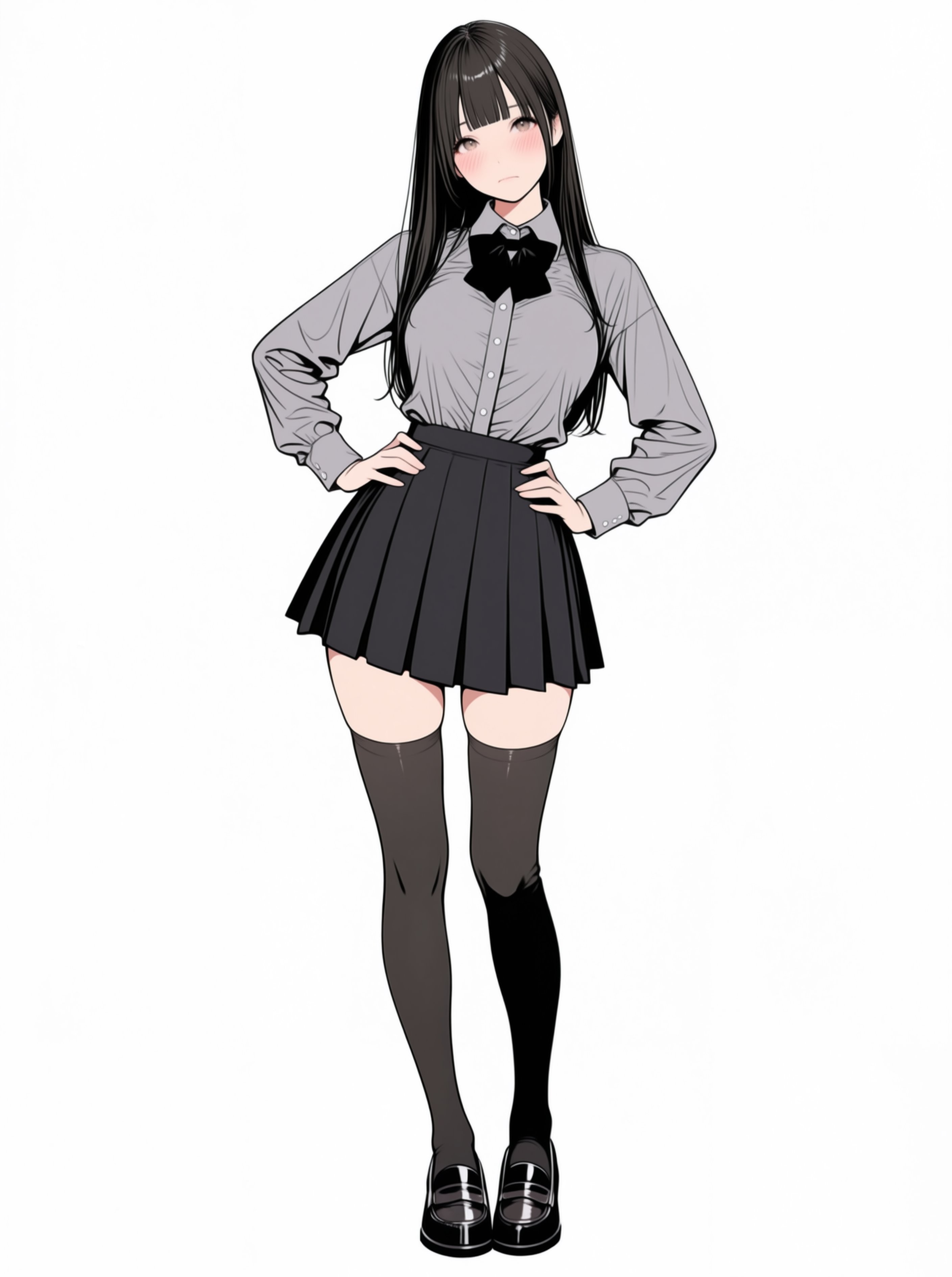 A girl with black hair in a gray shirt and pleated skirt uniform style