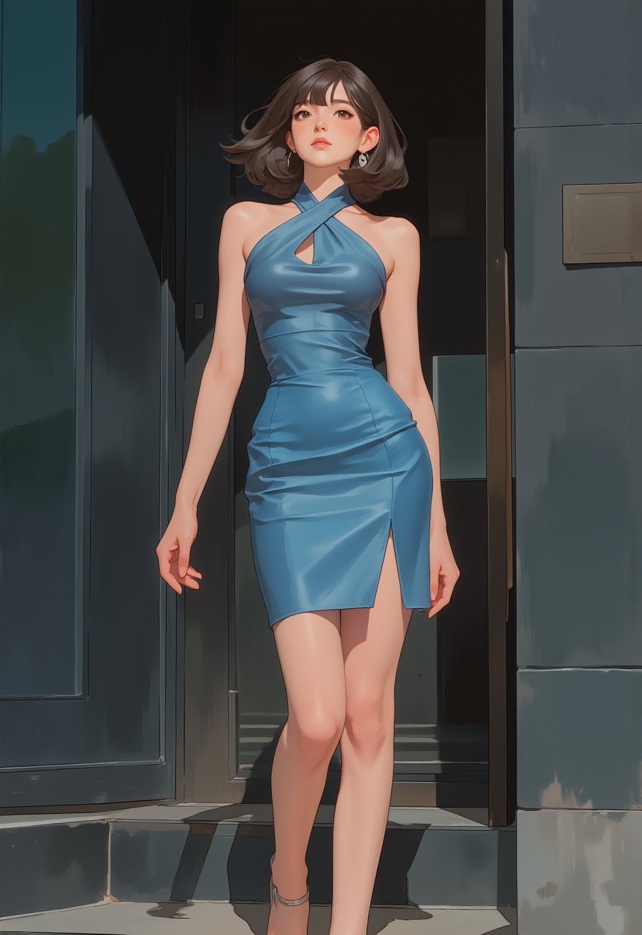 二次元短发淑女穿蓝色挂脖交叉领包臀裙
