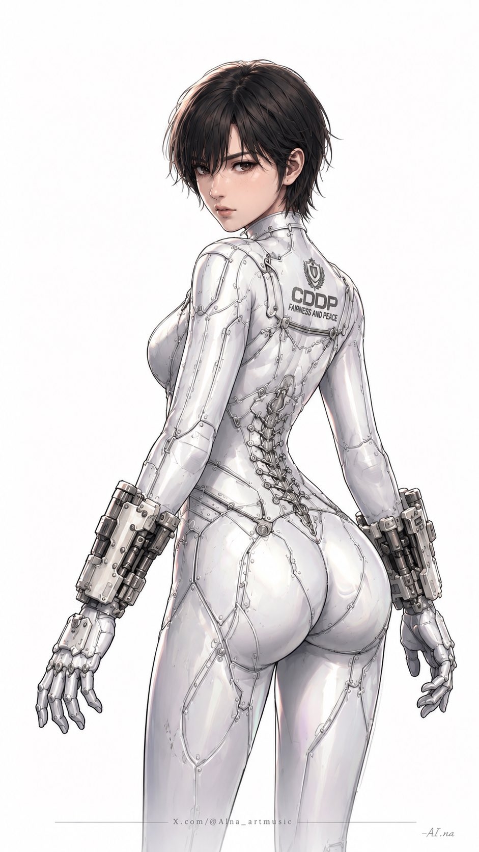 ショートヘアの少女が白いタイトな戦闘服と外骨格を着ている