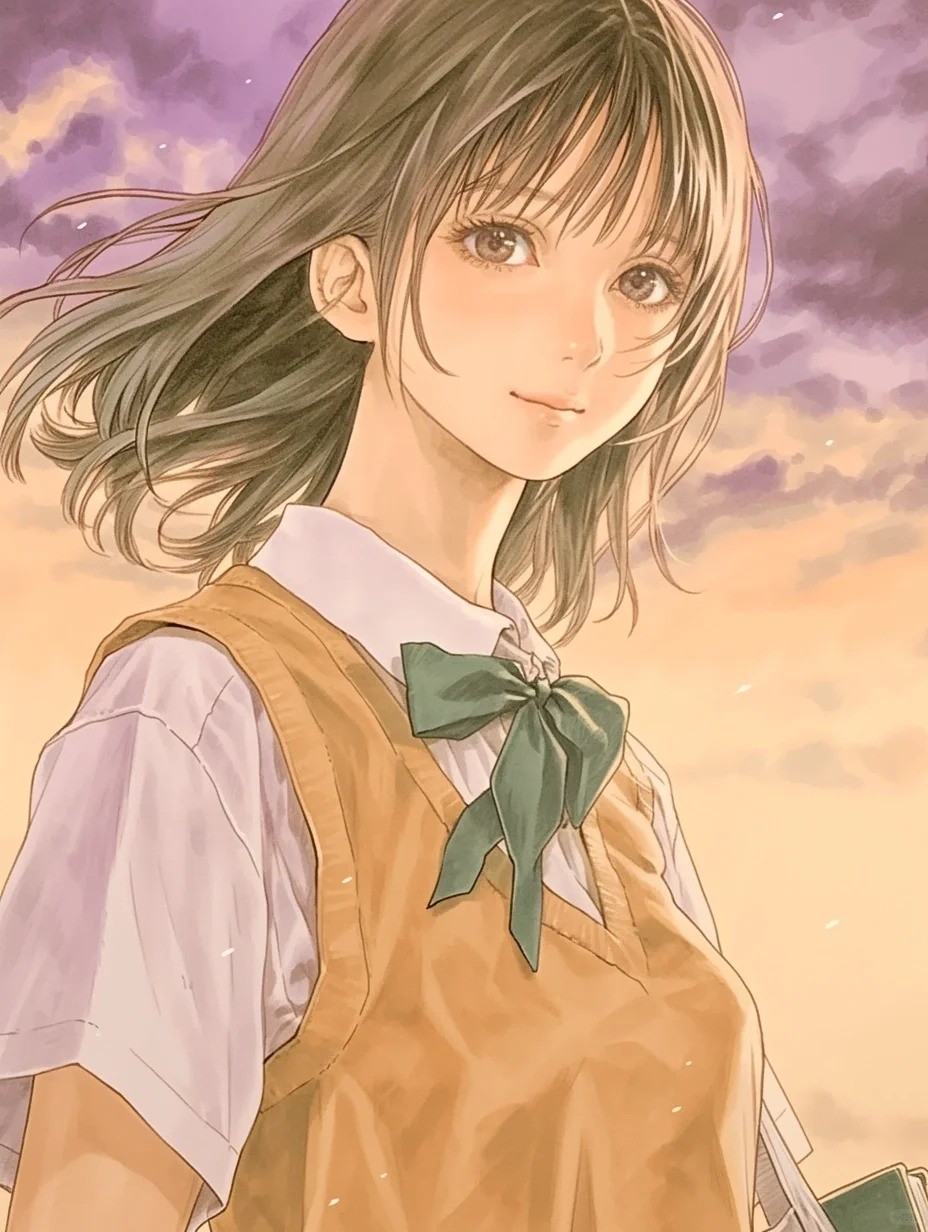 夕暮れの少女アニメ壁紙は茶色の髪の少女の姿を示しています
