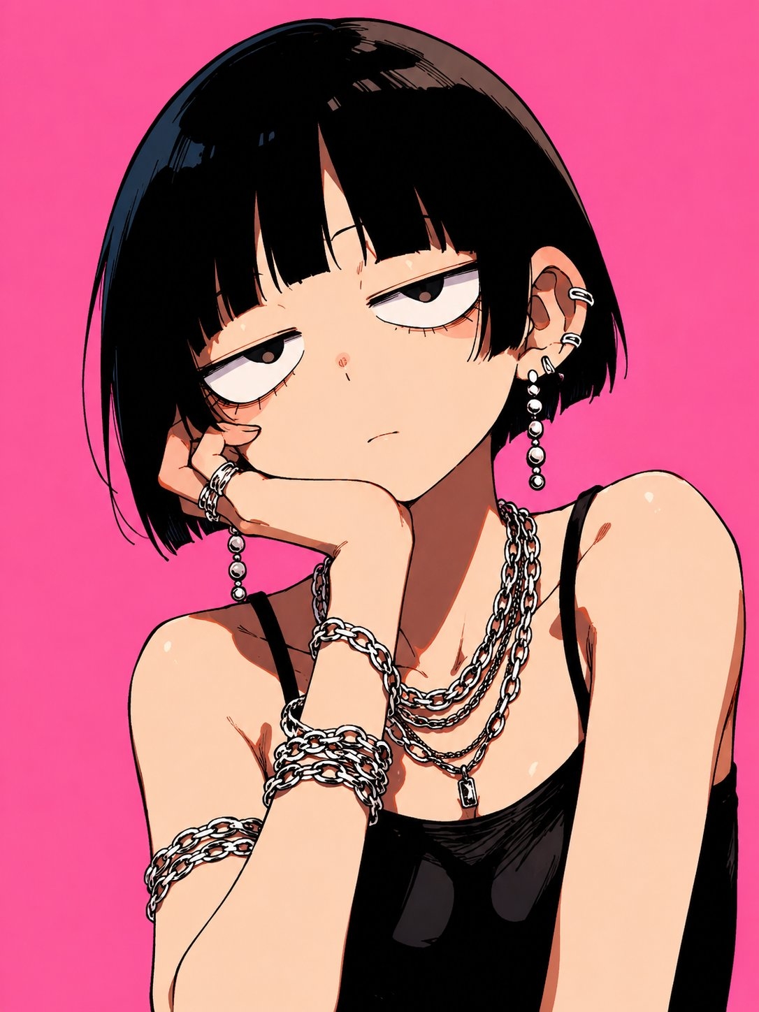 黑色短髮女性角色展現了更整齊的齊劉海與相同的時尚搭配