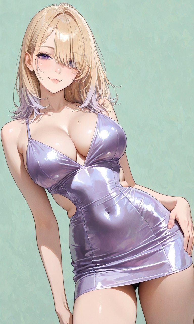 女性の金粉のグラデーションのミディアムヘアと紫色の目が淡い紫のタイトミニスカートでセクシーさと優雅さを表現