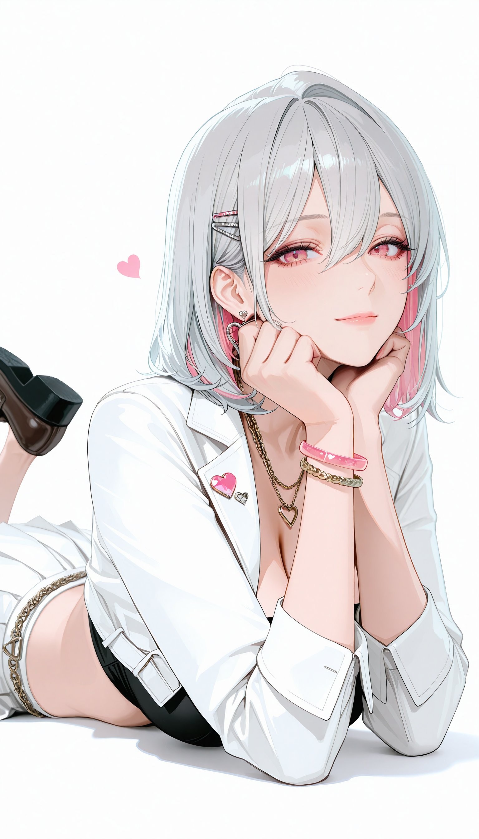 A silver-haired girl in a white jacket with pink highlights exudes a sweet vibe