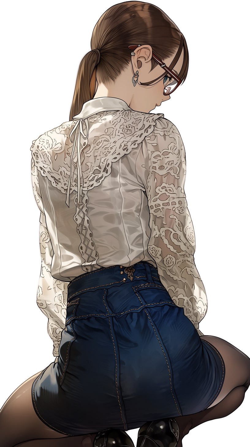 A girl with brown hair and glasses wearing a beige shirt and dark blue skinny jeans