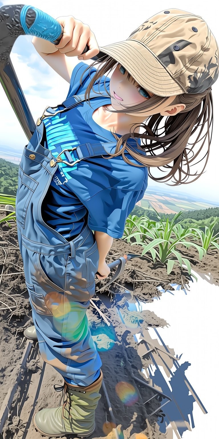 Ein Mädchen mit braunen Haaren, das einen camouflage Fischerhut und einen blauen Overall trägt, zeigt eine coole Pose mit einer Hacke und strahlt jugendliche Energie aus