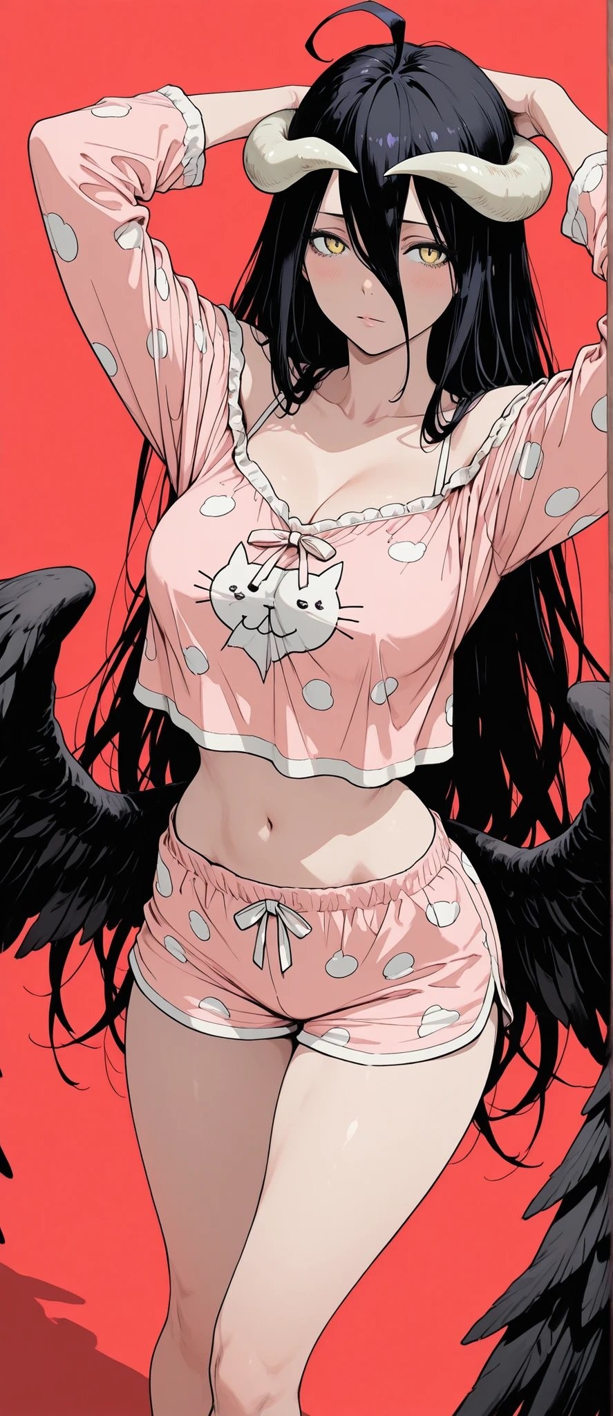 A female character with black hair and golden vertical pupils wearing a pink polka dot pajama creates a lazy yet dangerous atmosphere