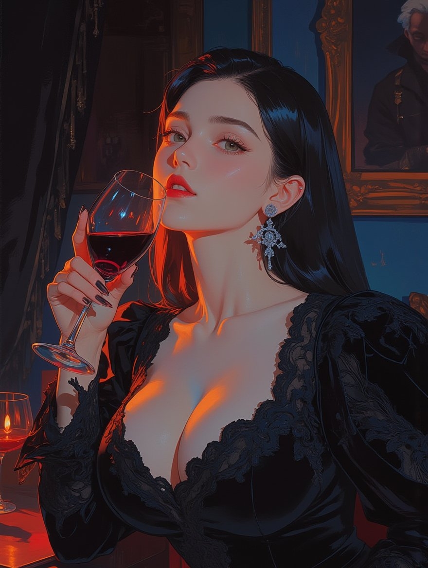 이차원 다크 언니 배경화면은 검은 레이스의 깊은 V 드레스와 레드 와인 잔을 들고 있습니다