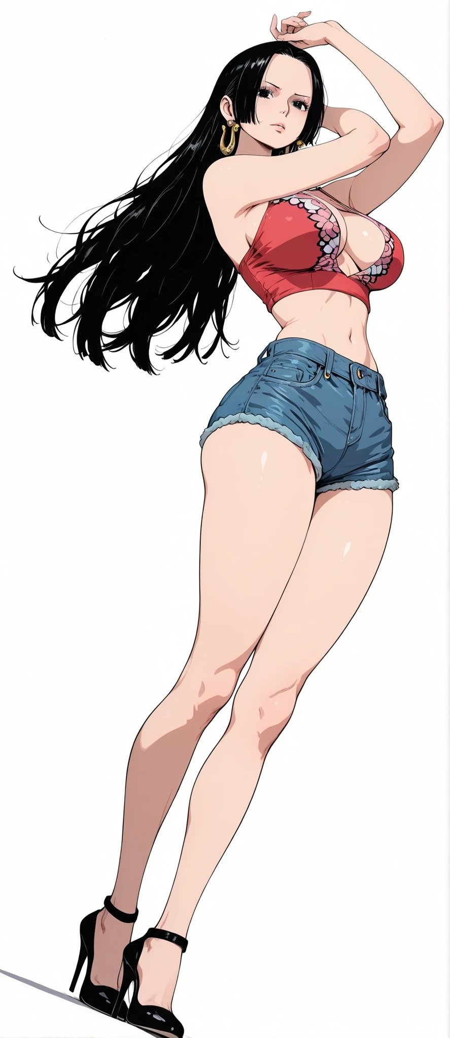 冷たい表情を浮かべた成熟した女性キャラクターが、赤いタンクトップとハイウエストデニムショートパンツで自信を表現している