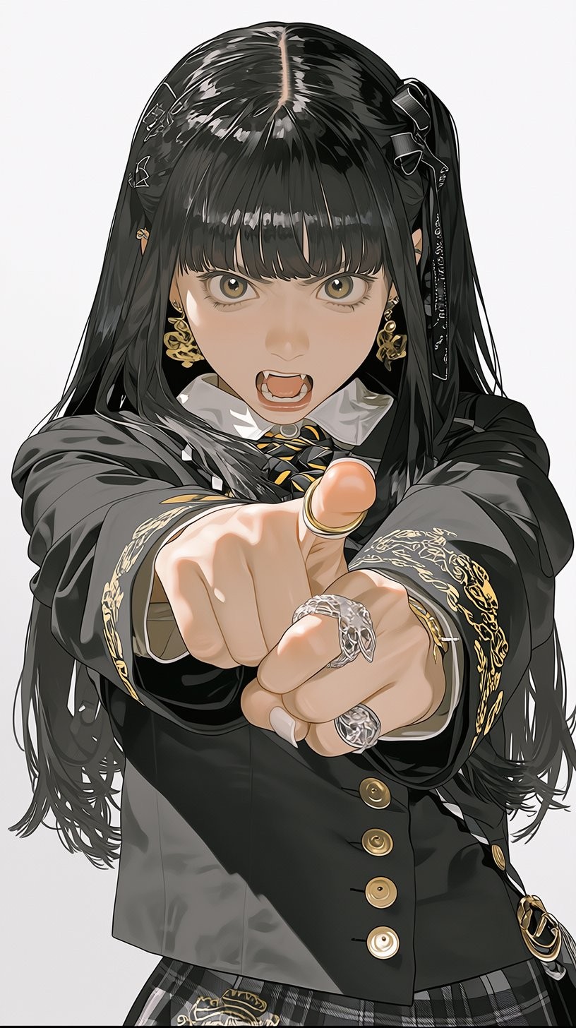 A girl with long black hair in a gold embroidered uniform and fancy accessories