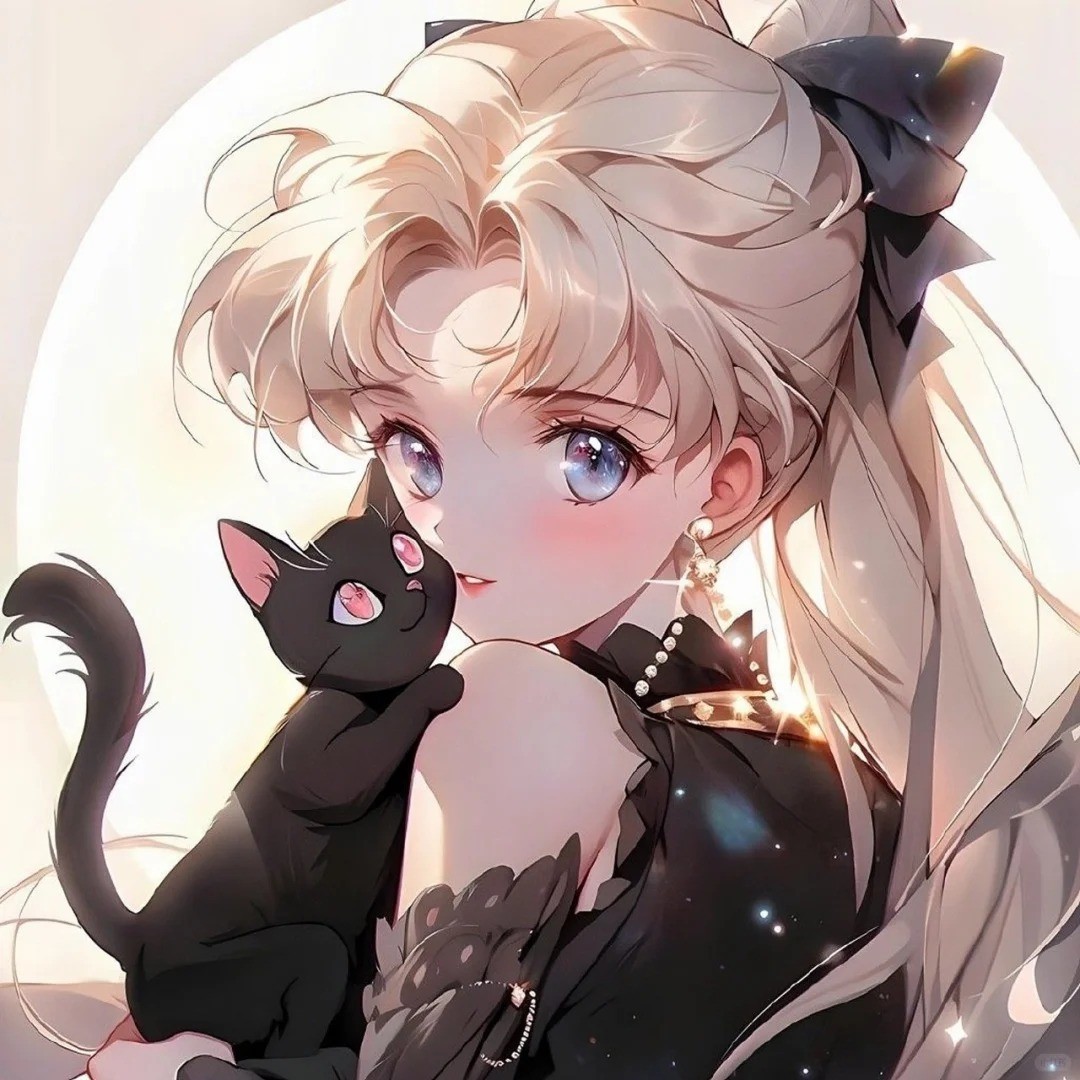A platinum-haired ponytail girl holding a black cat in an off-shoulder black dress