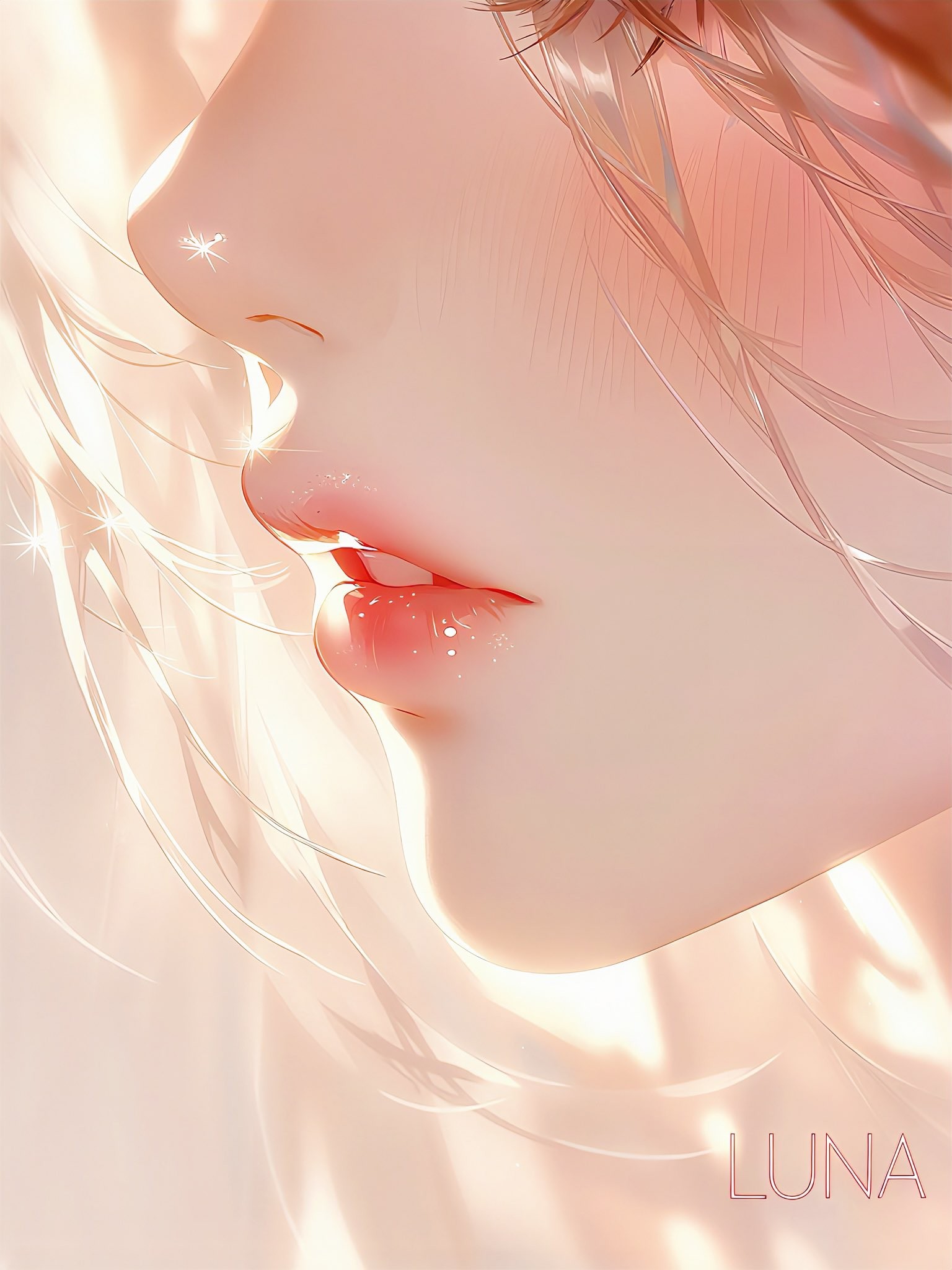 Side profile of a girl with pale pink long hair and glossy cherry lips, a beautiful anime wallpaper with soft light background