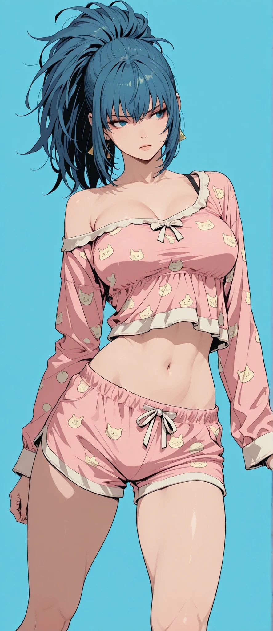 Eine blauhaarige Frau trägt ein rosa schulterfreies Schlafshirt