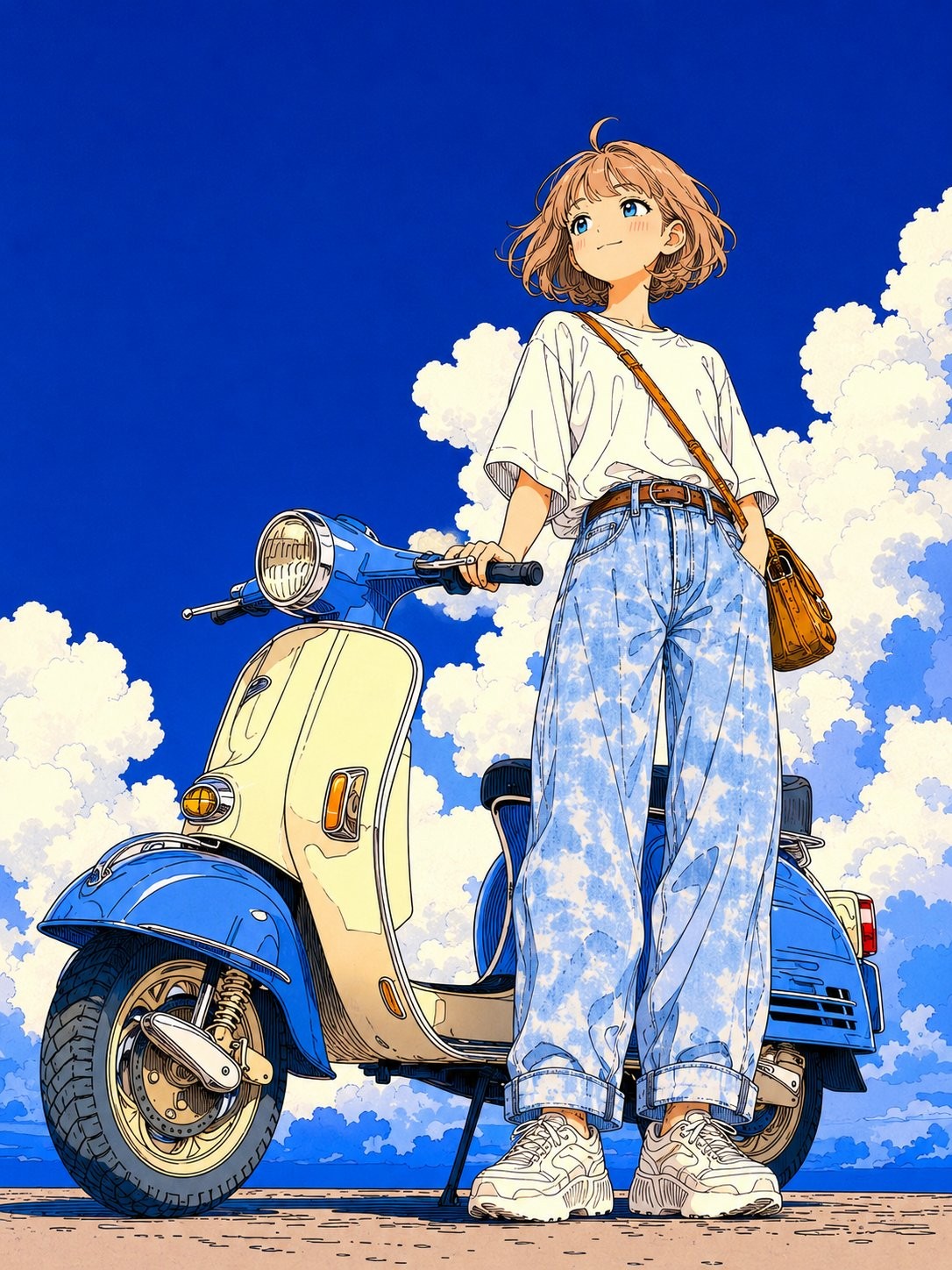 Chica de anime apoyada en una scooter Vespa retro azul y blanca