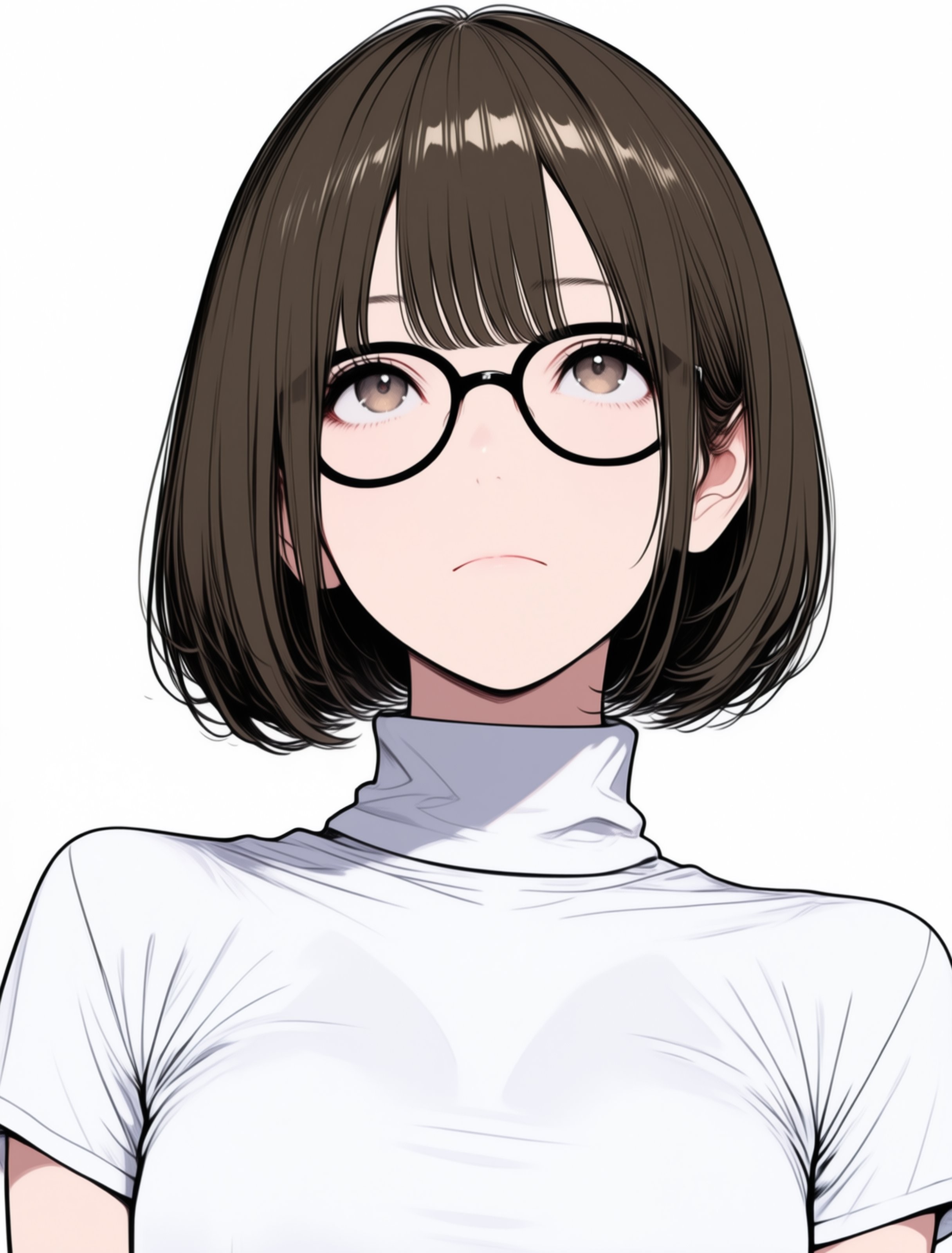 Une fille avec une coupe au carré marron foncé portant des lunettes rondes noires