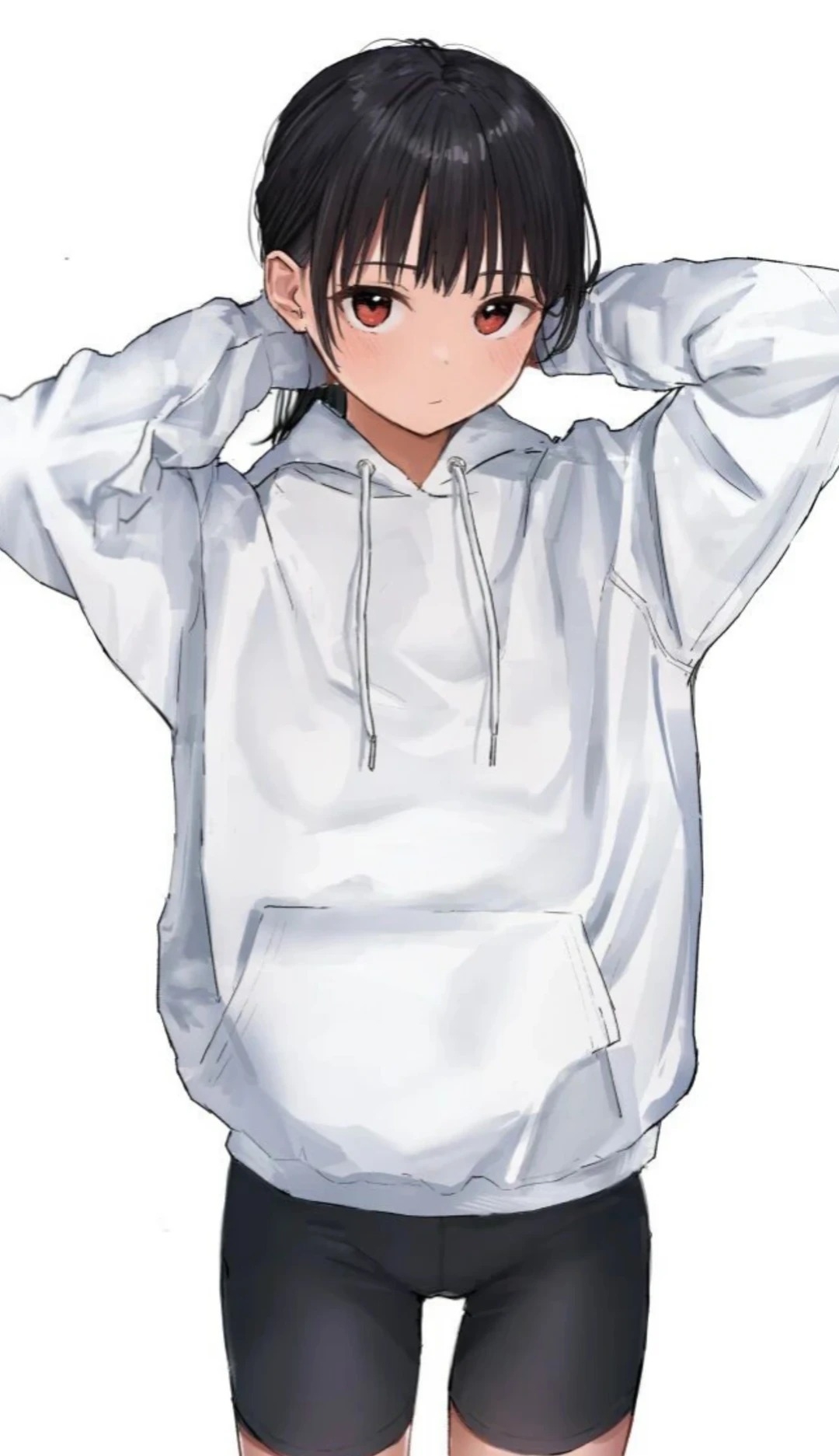 A girl with black hair wears a white sweatshirt and black shorts