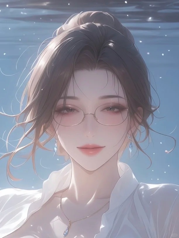 知的で優雅なアニメ女性キャラクターが白いシャツとサファイアのアクセサリーを身に着けている