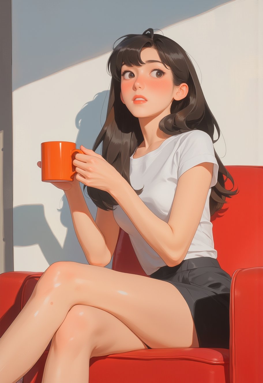 A girl with medium-length wavy black hair wearing a white T-shirt and black mini skirt sit...
