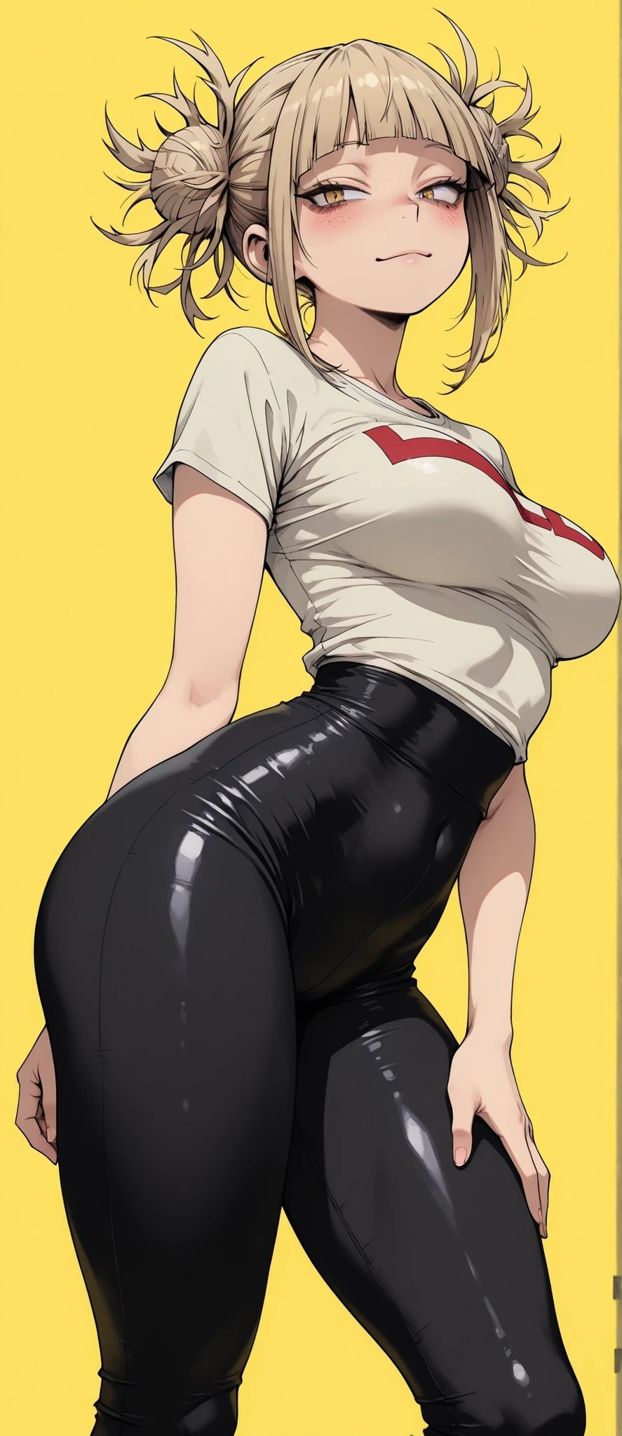 A female character in an ivory T-shirt and black leather pants exudes a lazy and provocative vibe