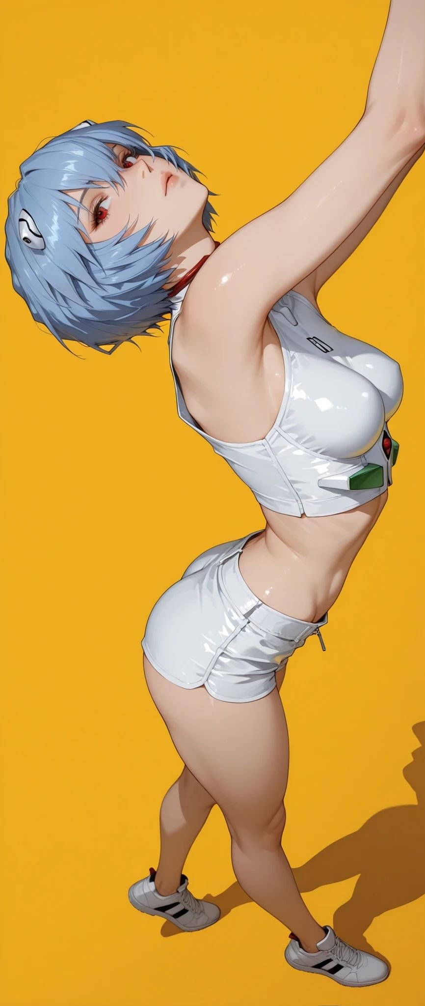 Eine weibliche Figur mit blauen Haaren in eng anliegender weißer Kleidung, die sportliche und kühle Vibes ausstrahlt
