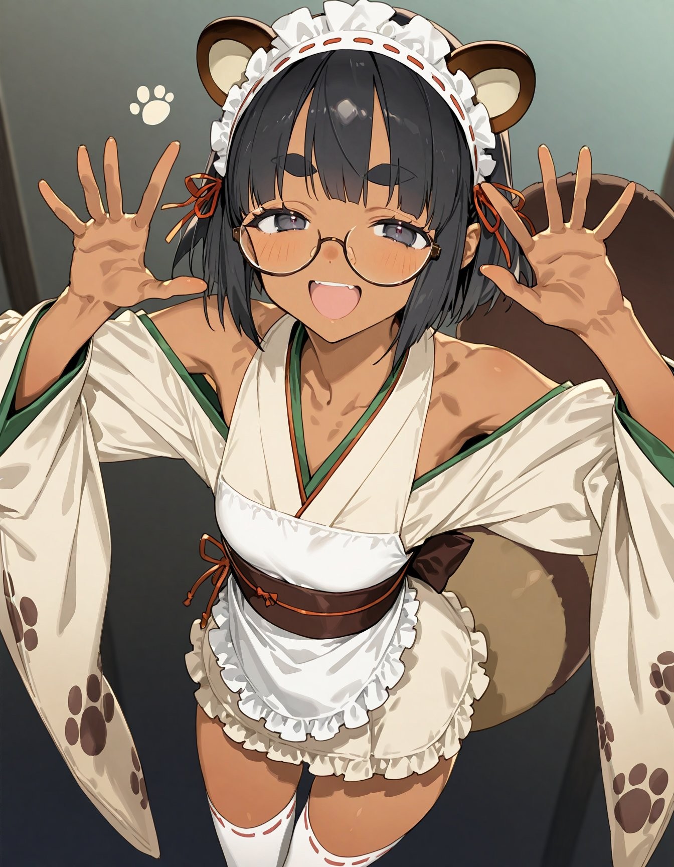 A lively girl dressed in modified Japanese-style clothing with animal ears and round glasses