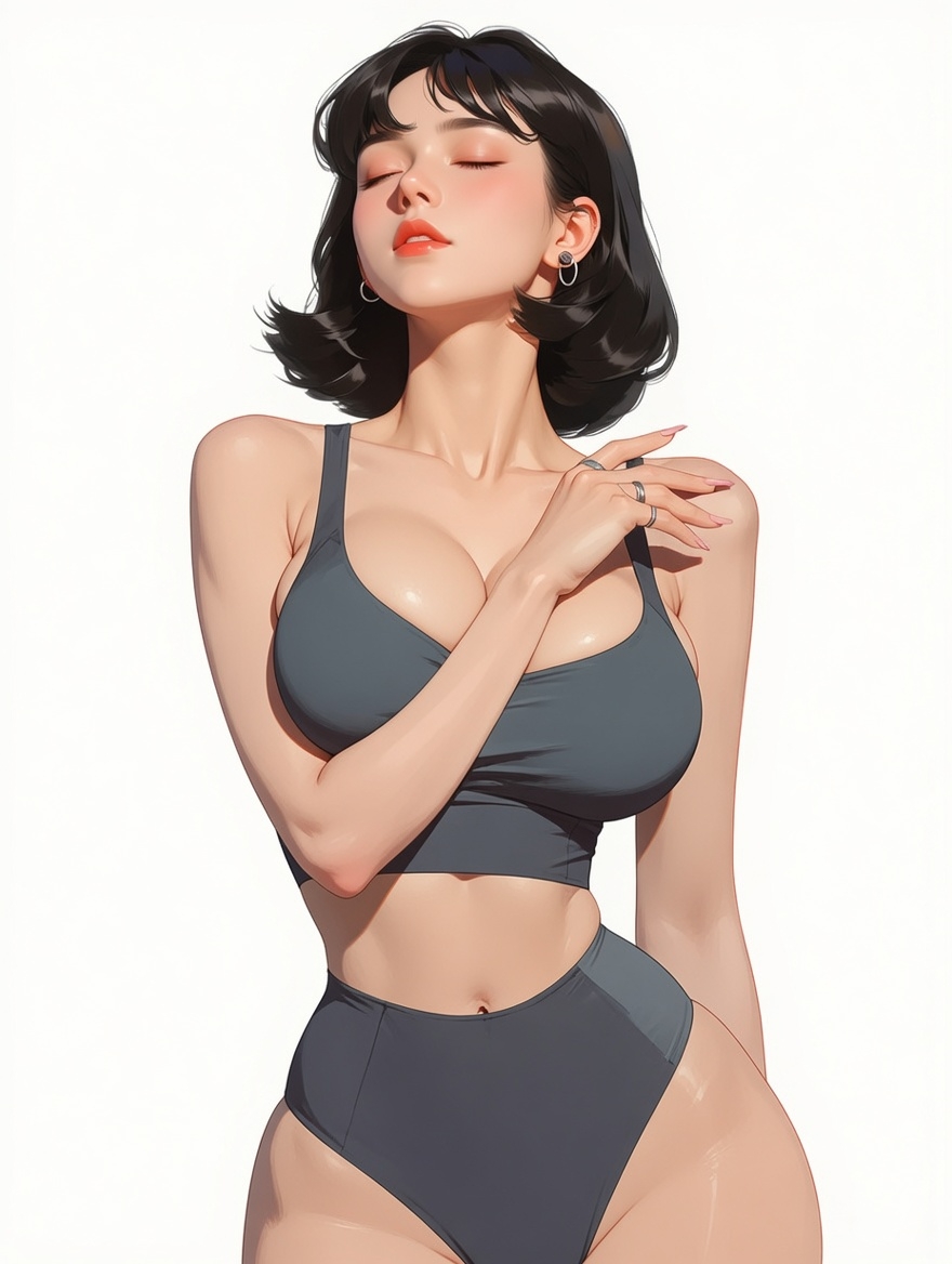 Une fille aux cheveux courts portant un soutien-gorge de sport gris foncé et des culottes taille haute affiche une posture confiante