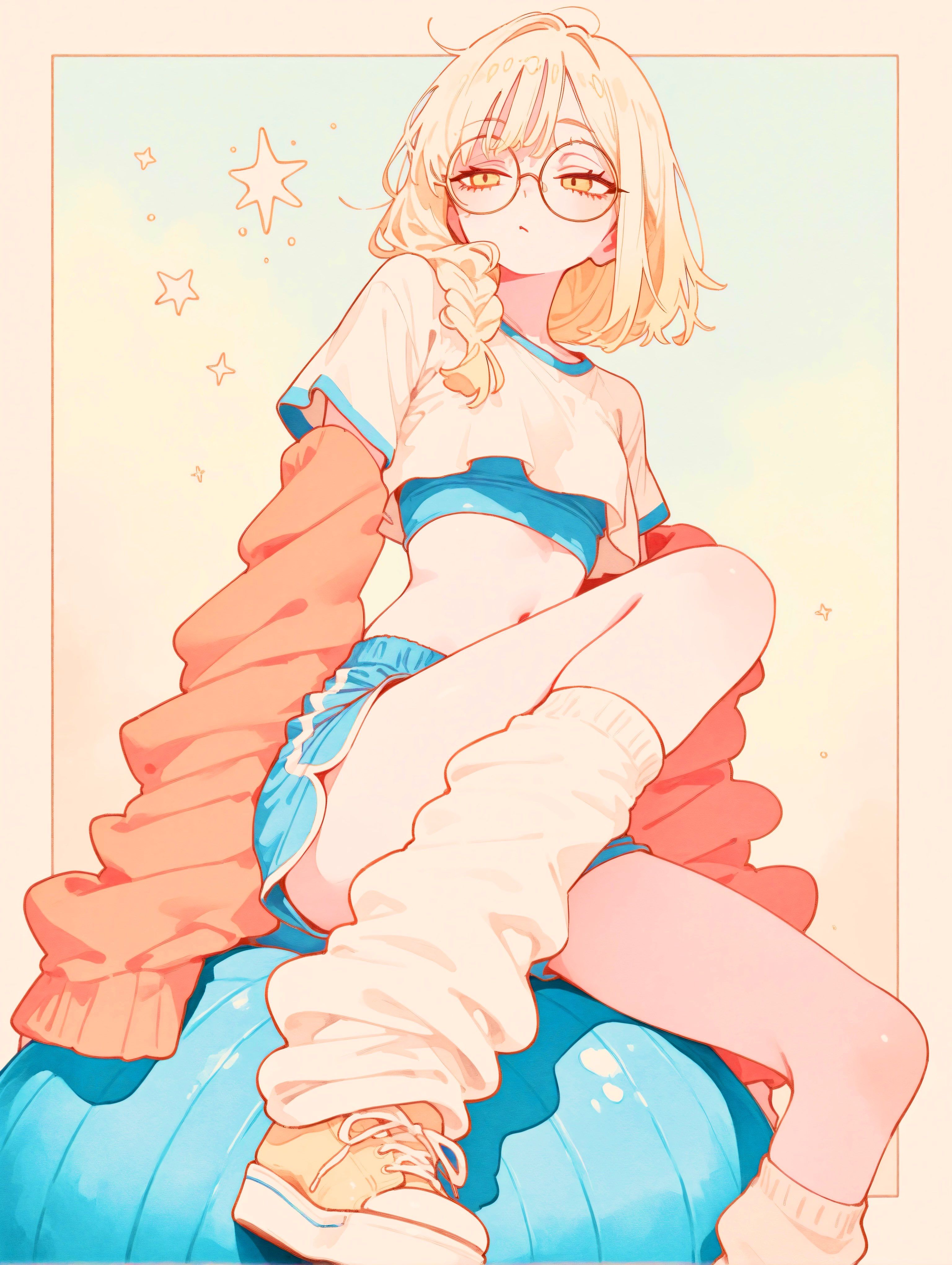The girl wears a white-blue short T-shirt and blue sports shorts, showcasing a cute vibe