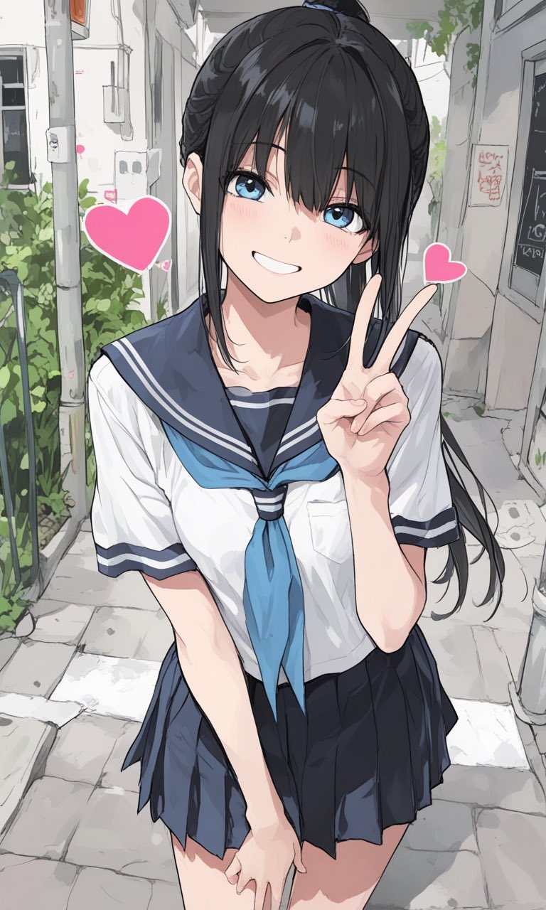 A girl in a Japanese sailor uniform flashes a playful smile