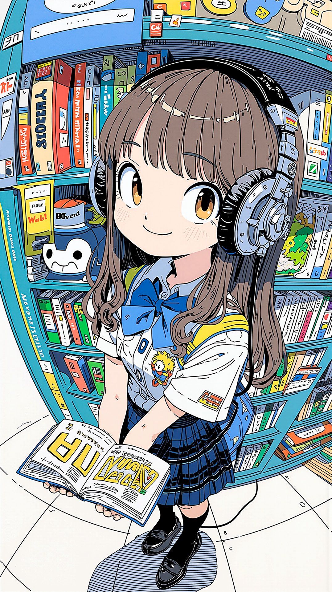 A girl in a blue and white sailor suit smiles while holding a book in a lively bookstore