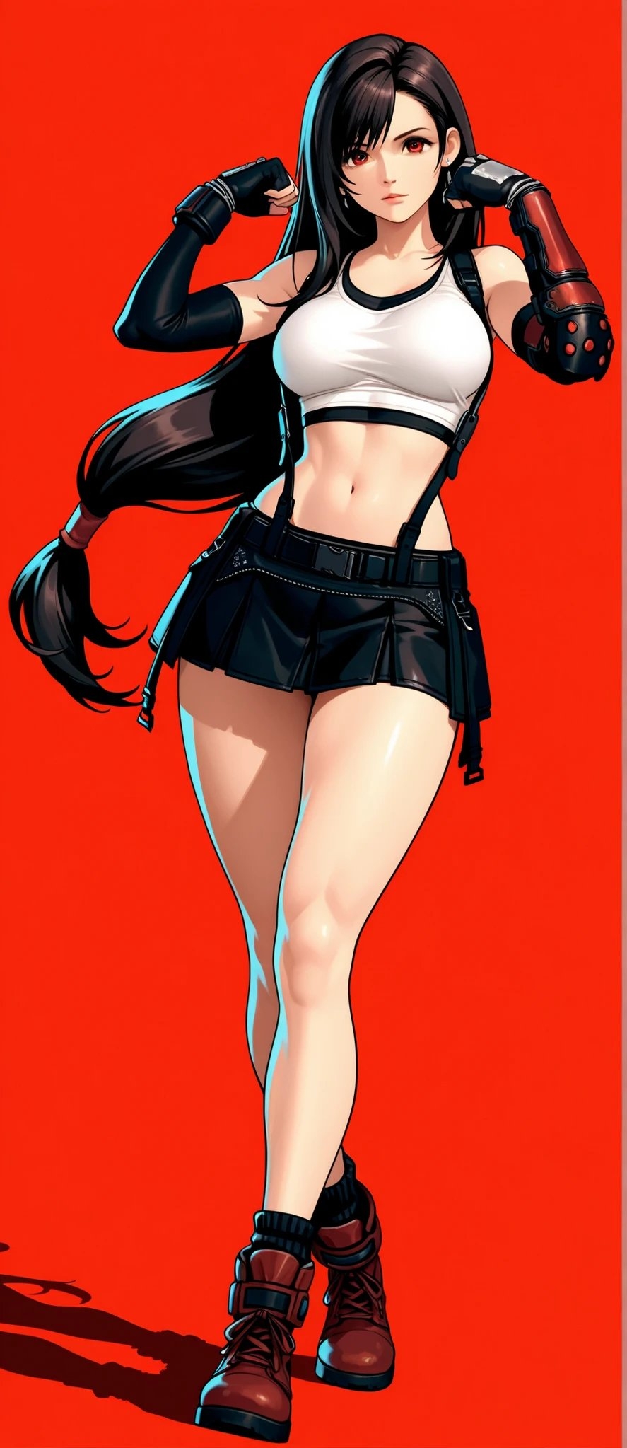 Tifa es un personaje de juego con cabello largo negro y ojos rojos, vestida con un atuendo clásico de luchadora y en una pose lista para la batalla