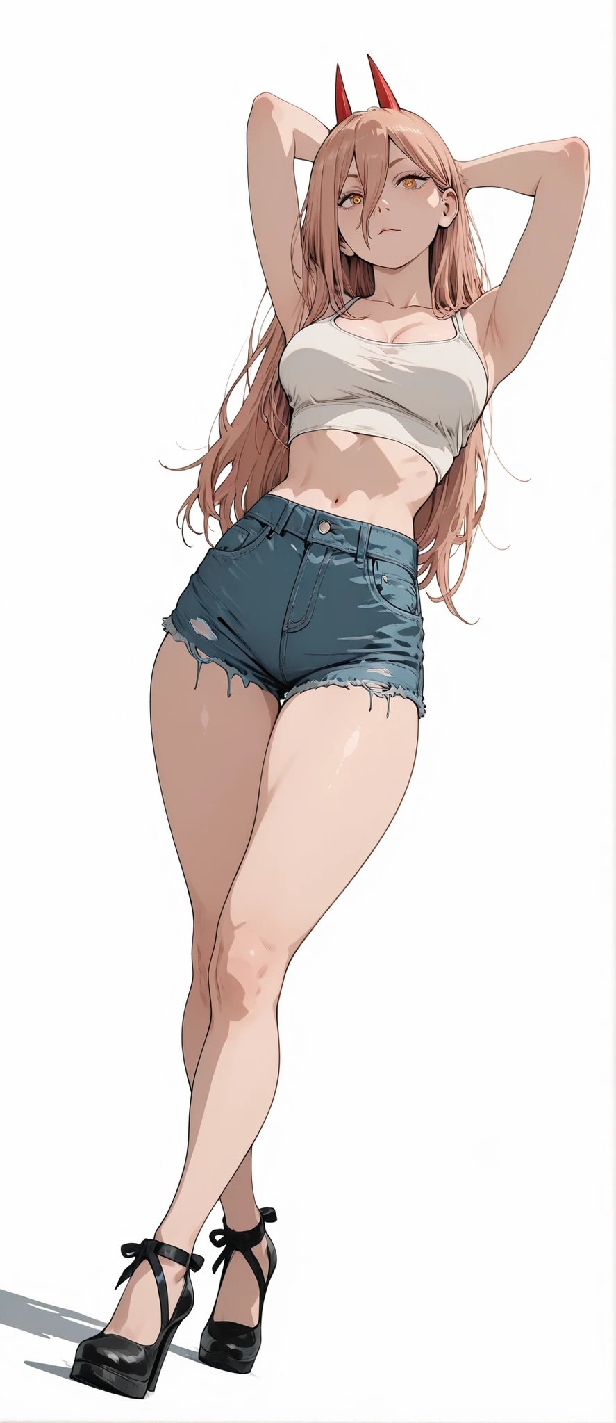 O modelo usa um top cropped branco e shorts de jeans desgastados, combinados com sapatos de salto altos pretos, exibindo cabelo longo rosa e chifres de diabo vermelhos