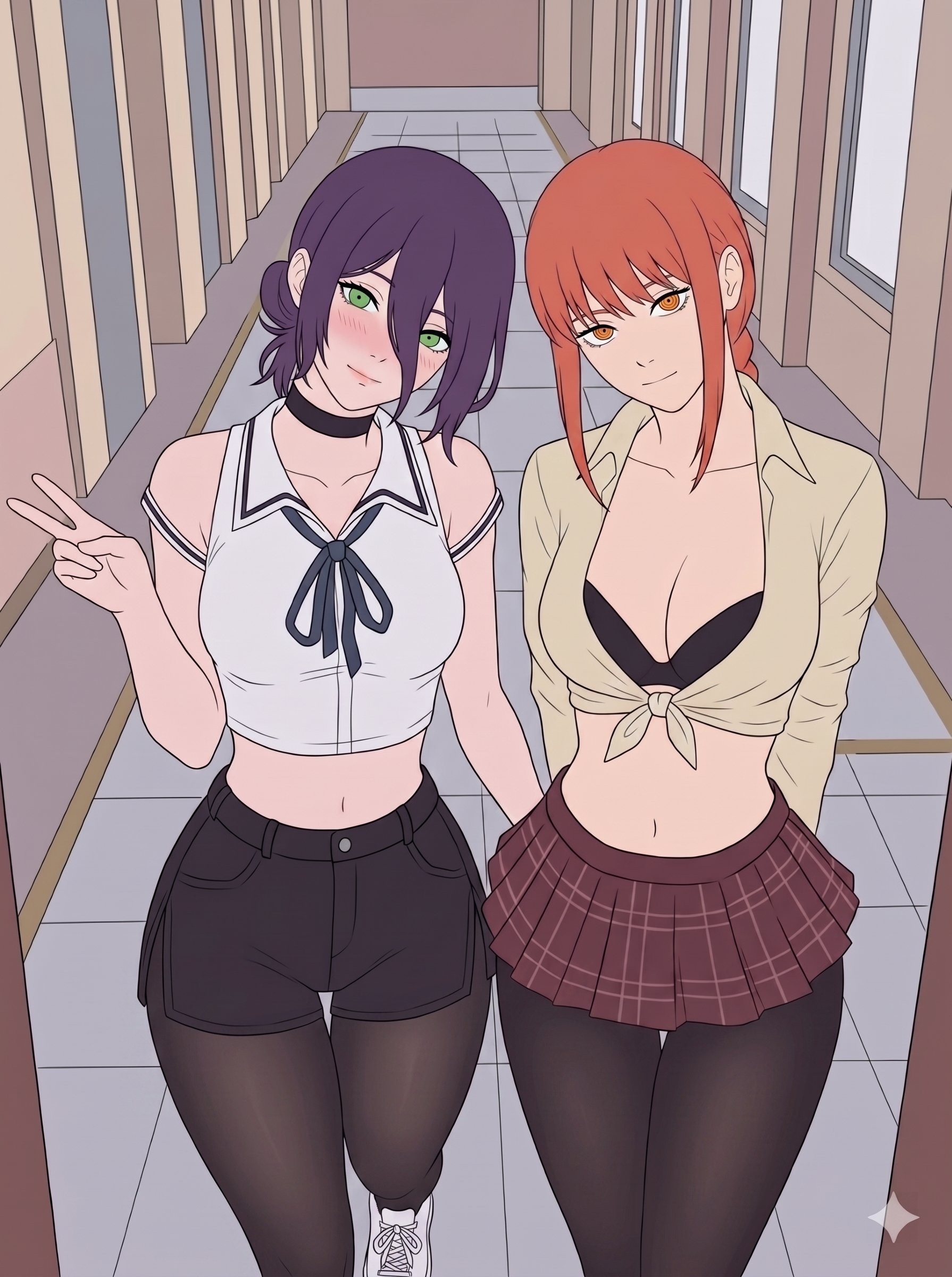 Personajes con cabello morado y ojos verdes, cabello naranja y ojos dorados en uniformes de marinero están juntos en un pasillo escolar