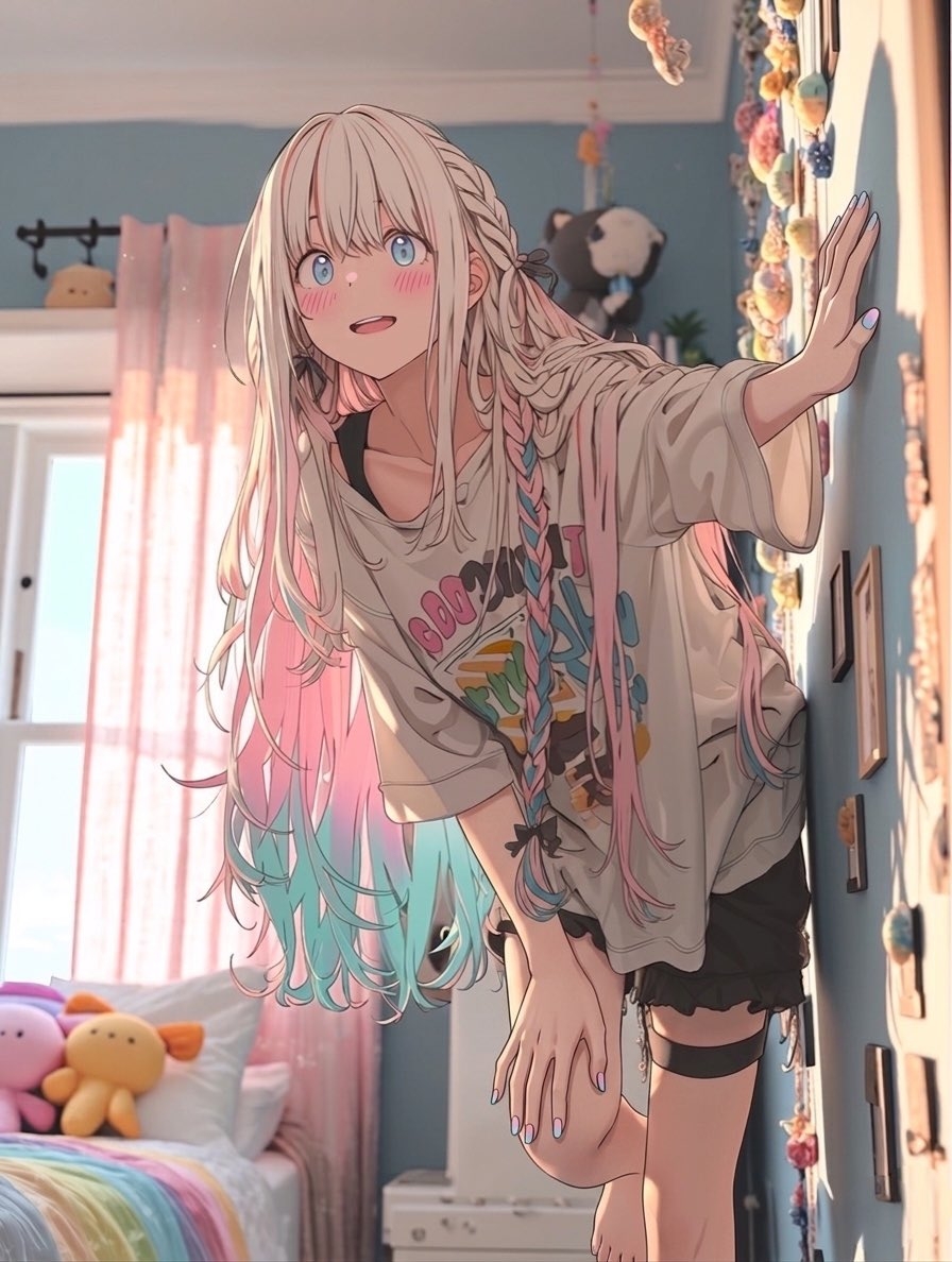 少女穿着印有彩虹爱心的短袖和深色短裤