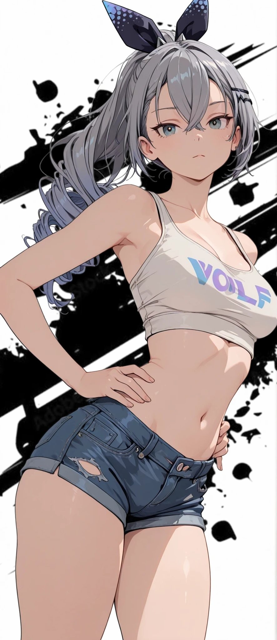 Ein Mädchen mit silbergrauen lockigen Haaren trägt ein beiges Logo-Top und tiefer geschnittene Jeansshorts und zeigt einen futuristischen Stil