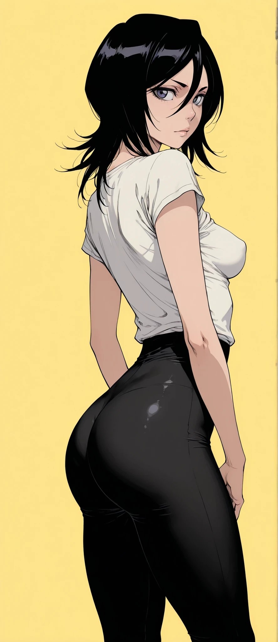 A female character stands sideways looking back with black medium-length hair and purple eyes wearing a white short-sleeve top and black tight leather pants