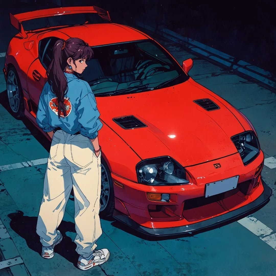 Roter Supra und retro blaue Arbeitskleidung kreieren eine perfekte 90er-Jahre-Stimmung