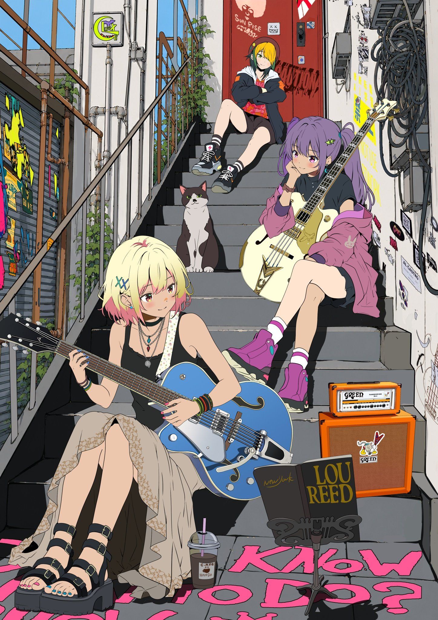 4人の少女が森の中で音楽を演奏している