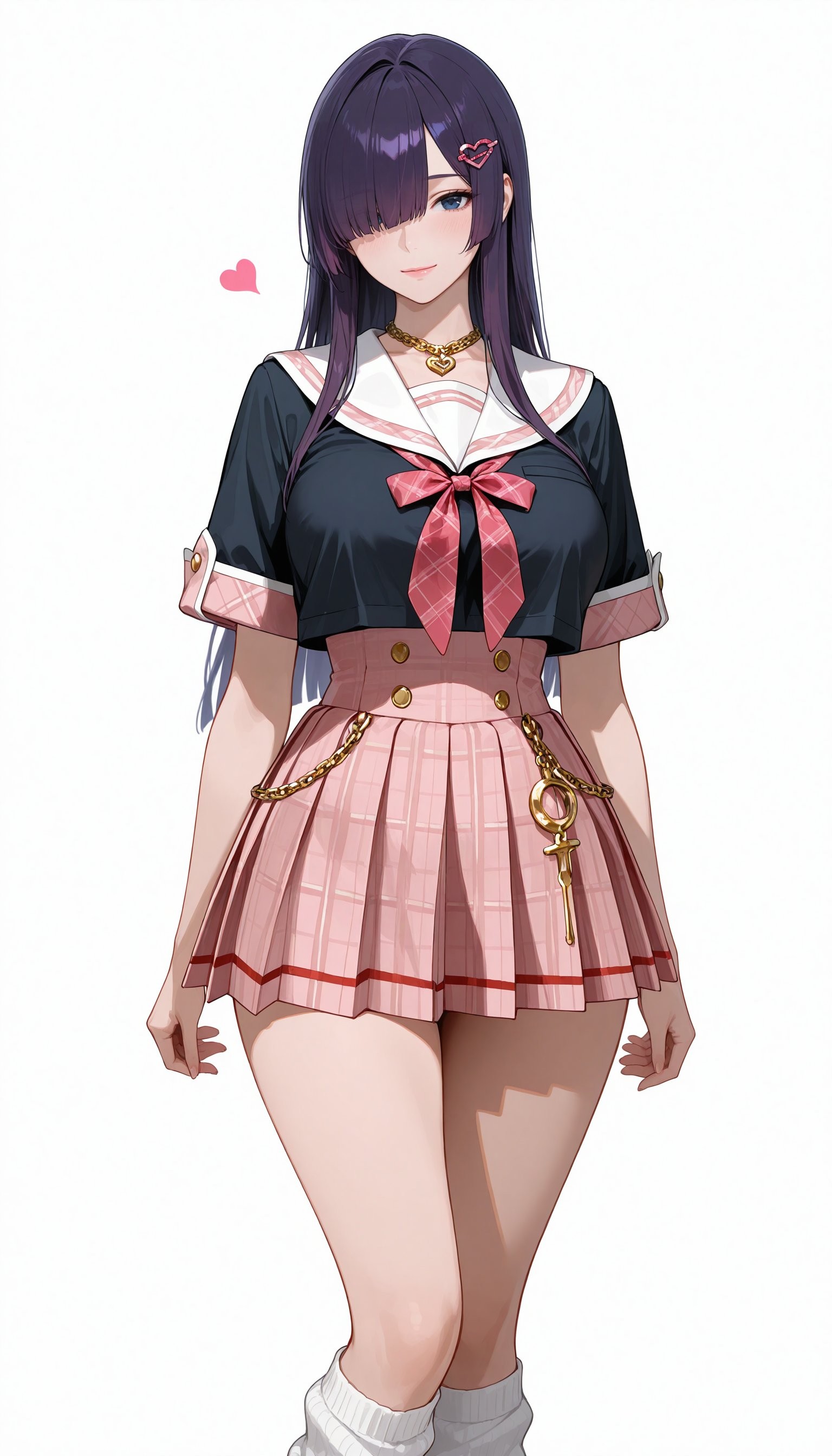 A girl with long purple hair wears a black sailor outfit with a pink pleated skirt