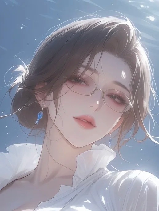 知的な女性が白いシャツを着て眼鏡をかけ、優雅で魅力的な姿を見せている