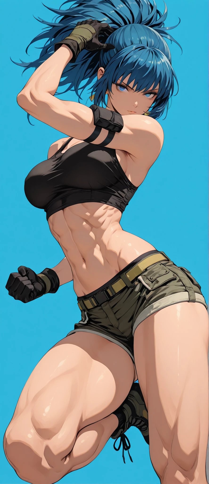 Die KOF-Charakter Leanna trägt eine militärgrüne Jacke und Cargo-Shorts