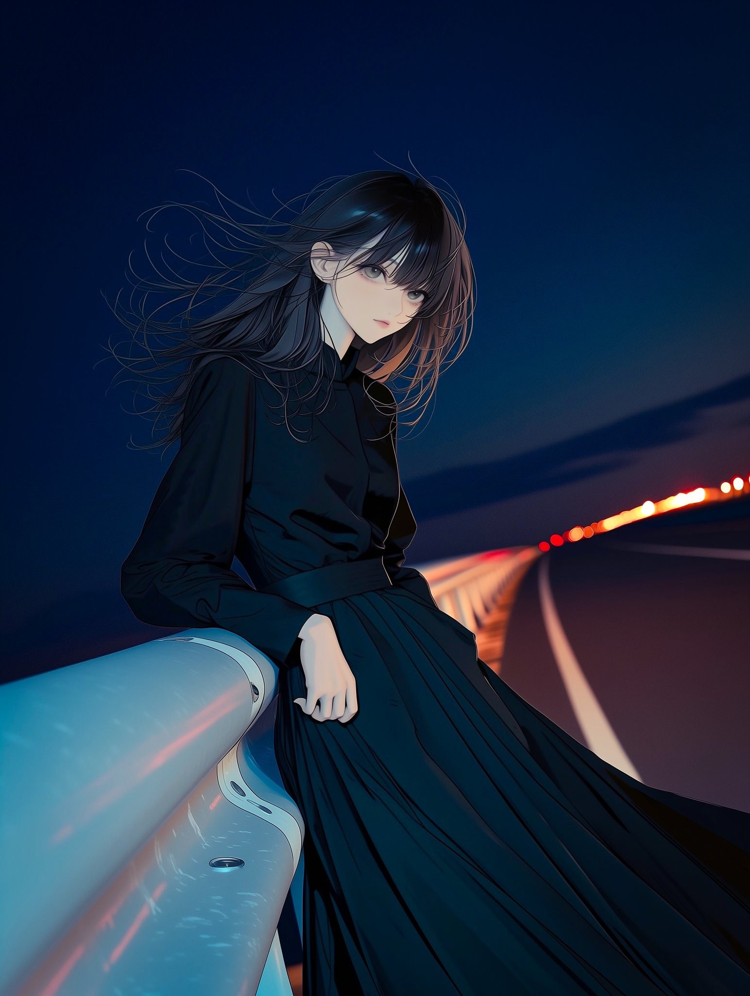 A black long-haired girl leans against the bridge railing wearing a black shirt and pleated skirt