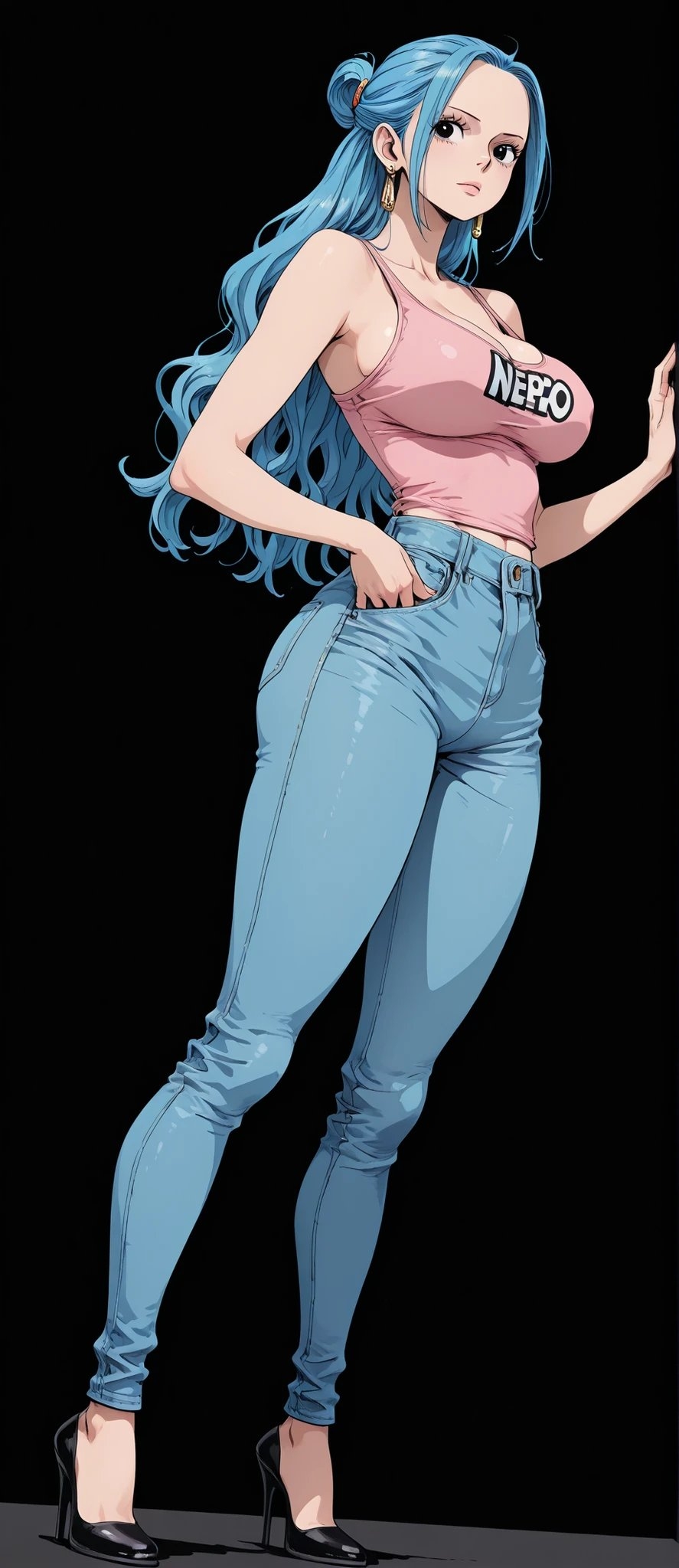 A blue-haired girl wears a pink camisole with high-waisted jeans, showcasing a mature urban fashion style