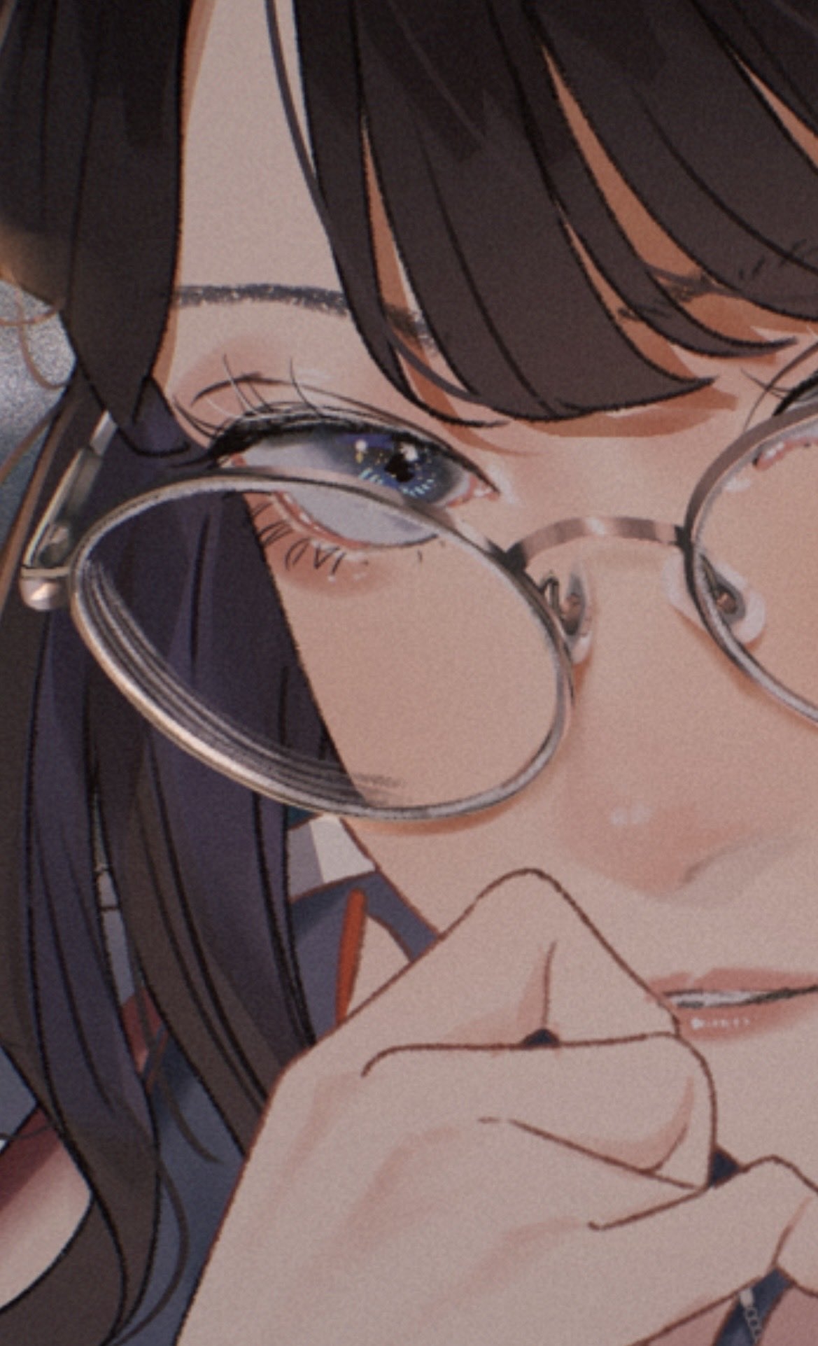 Wallpaper of a girl with black long hair and glasses