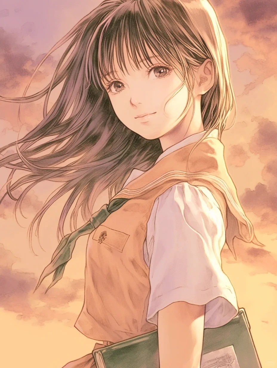 黒髪の少女が夕焼けの背景で本を持っている