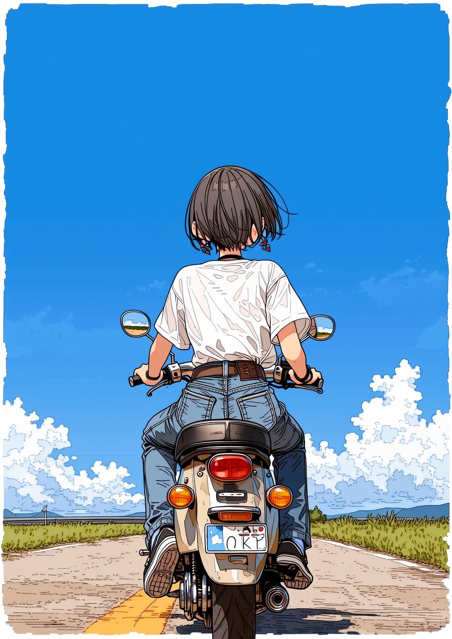 ショートヘアの女の子が白いTシャツとハイウエストジーンズを着てバイクに乗っている