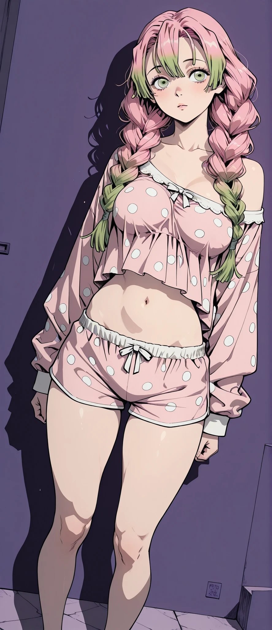 La fille porte un pyjama à pois roses et a une allure douce avec des tresses en rose cerise et vert menthe