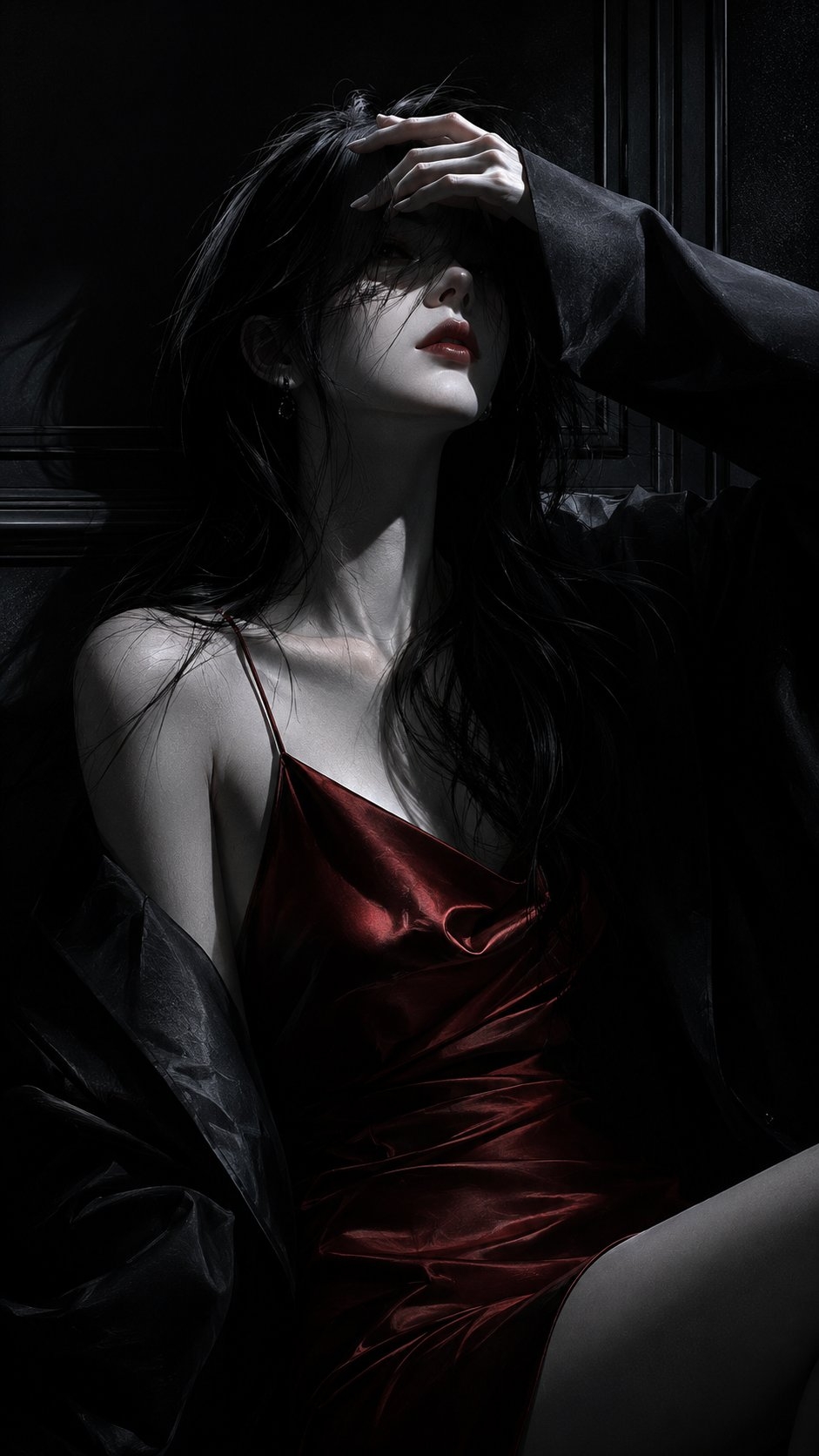 The gothic girl with long black wavy hair wears a wine red silk slip dress and a sheer coat, exuding a melancholic and sexy vibe