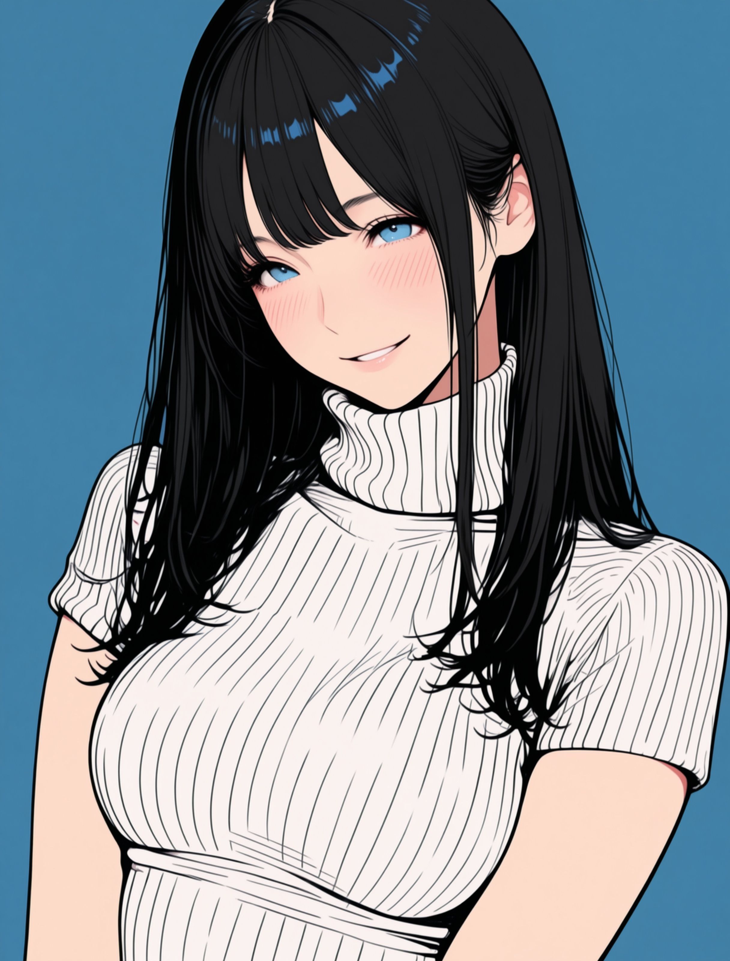 The long-haired girl in black wears a white turtleneck