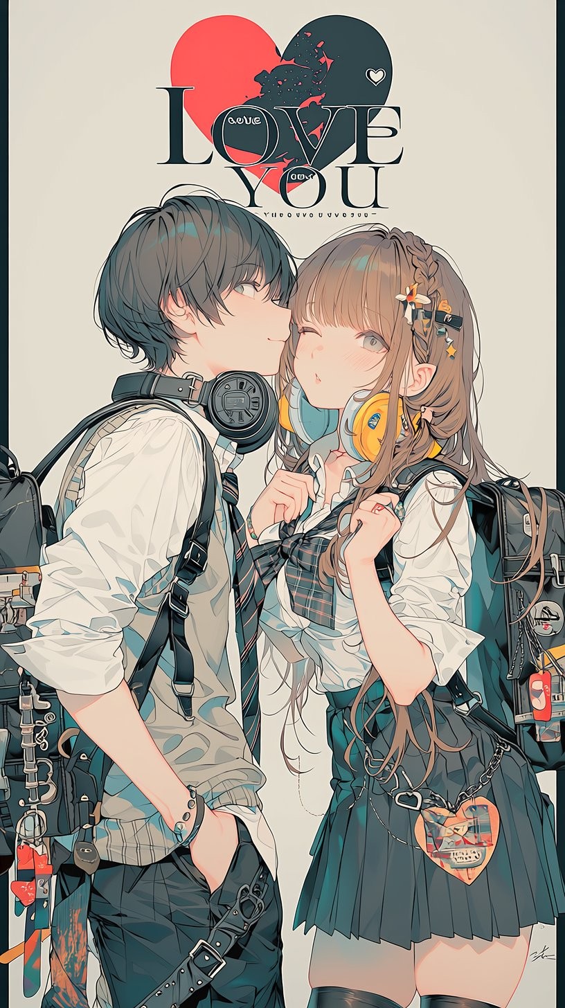 学生カップルが甘くキスをしている